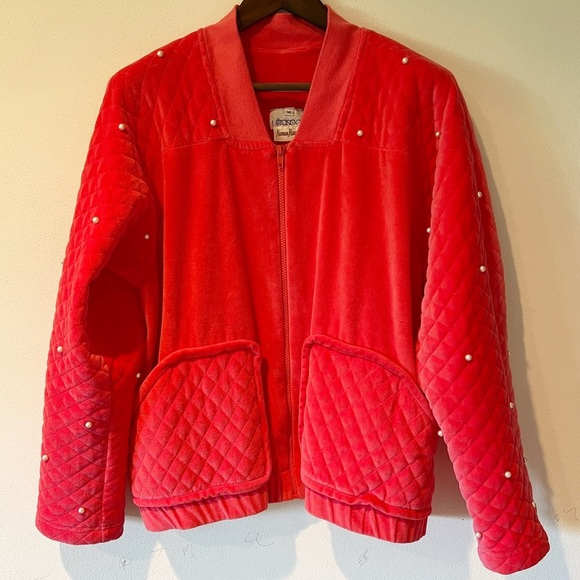 Vintage Neiman Marcus Quilted Zip Front Sweater Jacket Pearl Embellishment